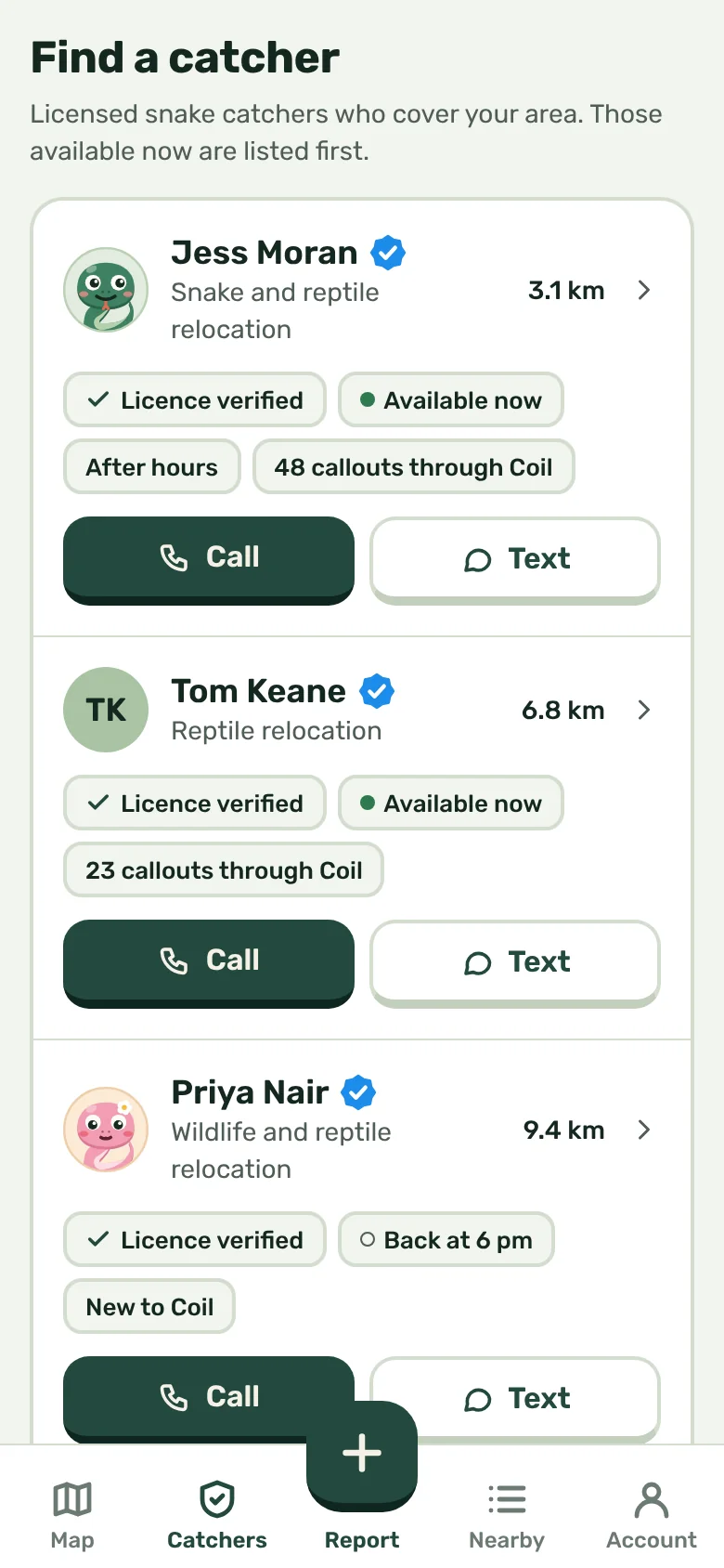 Coil's Find a catcher screen: catchers who cover the area, each with a blue verified tick, Licence verified, Available now and how many callouts they've done through Coil, with Call and Text buttons. Sample data.