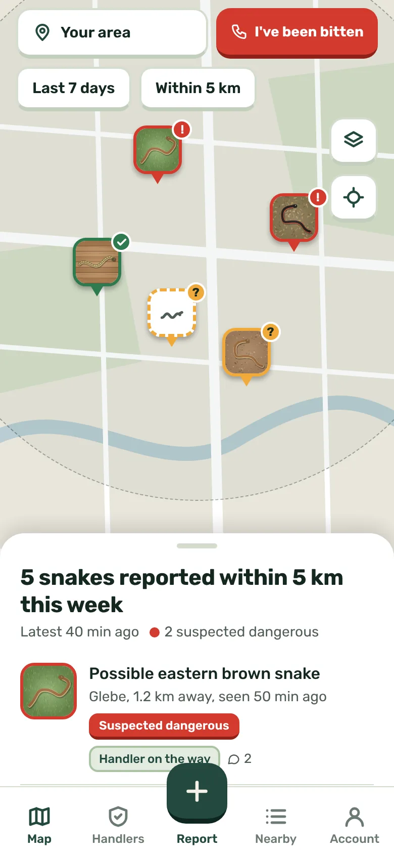 The Coil map: nearby sighting pins coloured red, amber and green, with a sheet below listing the snakes reported within 5 km this week.